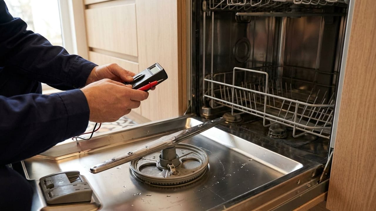 Técnico credenciado fazendo diagnóstico de lava-louças no Arpoador