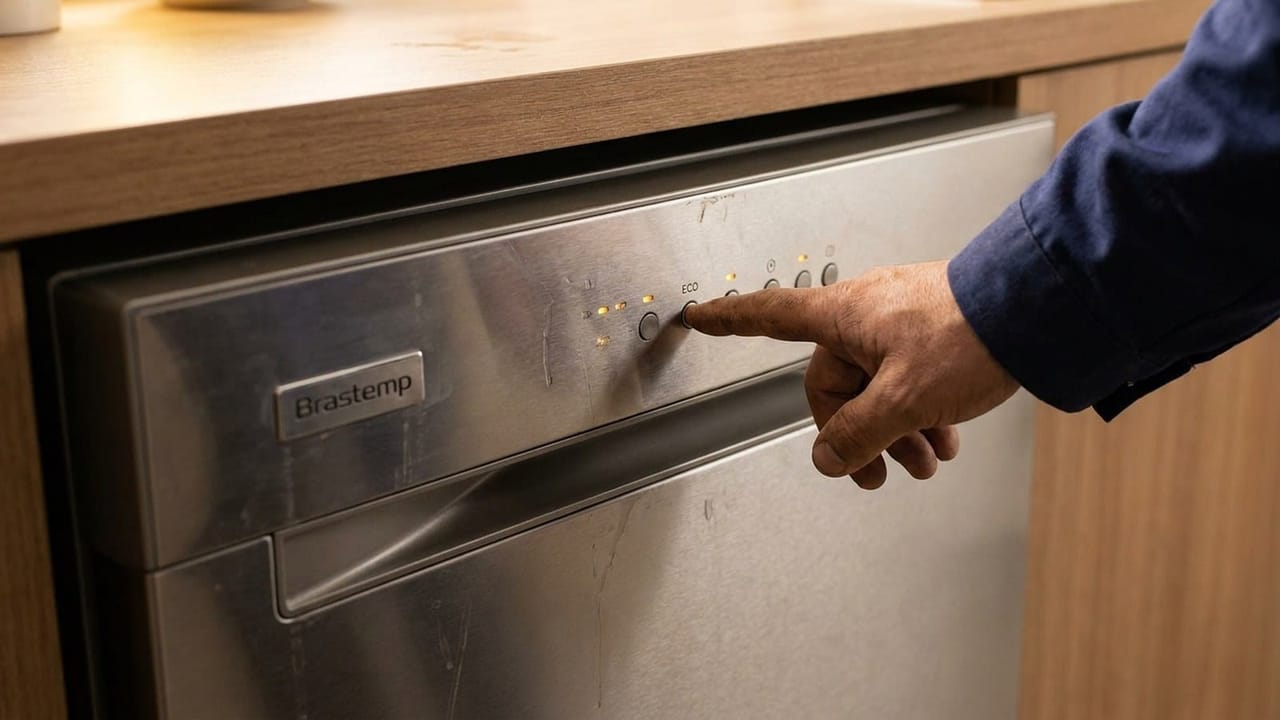 Lava-louças Brastemp aberta para diagnóstico em cozinha integrada