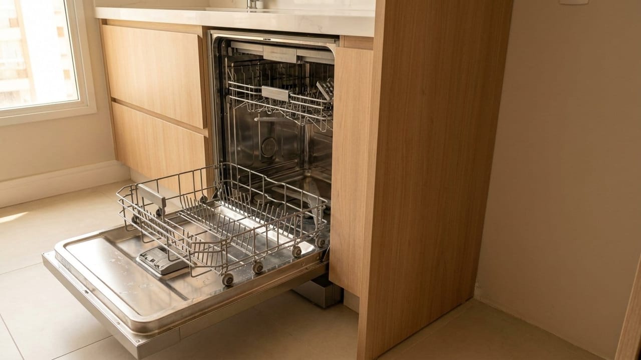 Técnico credenciado abrindo uma lava-louças para diagnóstico em apartamento