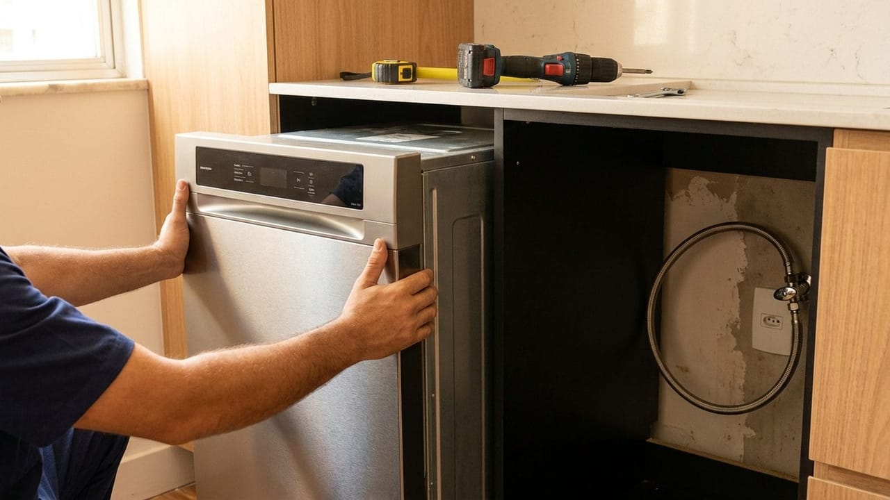 Lava-louças nova sendo instalada em cozinha de apartamento carioca